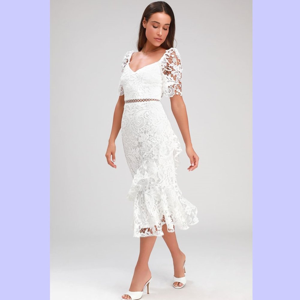 Briarwood White Lace Ruffled Midi Dress